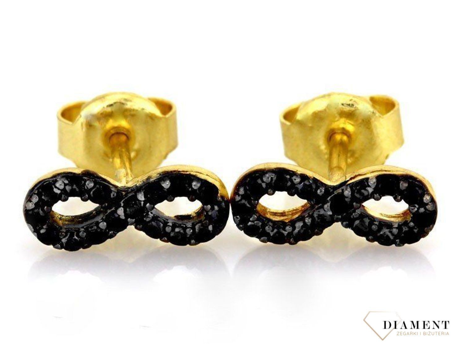 Złote kolczyki znak nieskończoności 333 czarne cyrkonie na sztyft KL 4795 333.jpg